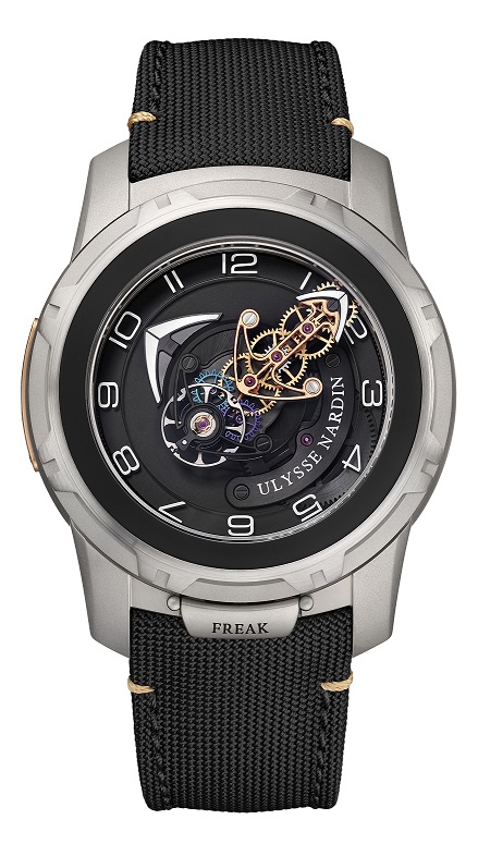 Freak out es la colección de Ulysse Nardin que tiene como base uno de los mecanismos más innovadores de la marca. Este movimiento funciona a través de un tourbillon volante y permite la ausencia de corona, una verdadera esfera y manecillas.